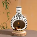Hand-painted ceramic Palo Santo burner with black floral patterns on wooden base - Black Blue and White Pattern / Black