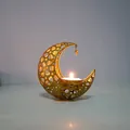 Minimalist golden iron crescent moon candle holder with hollow-out star patterns - Gold