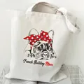 Stylische French Bulldog Mom Segeltuchtasche mit einem roten Punkt-Bandana-Detail - Linienkunst Rote Schleife Frenchie (STD490-G) / 35*40cm