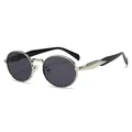 Classic retro oval metal sunglasses with silver frame and dark grey tinted lenses - Silver Frame Black Grey Lens