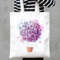 White canvas tote bag featuring a purple floral hot air balloon and butterfly print - Hydrangea Hot Air Balloon Style (6)