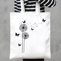 Eco-friendly white canvas tote bag with artistic black dandelion and butterfly prints - Dandelion and Butterfly Style (8)