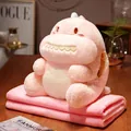 Pink dinosaur 3-in-1 faux rabbit fur plush pillow with matching warm flannel blanket - Pink Dinosaur