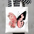 Fashionable white canvas tote bag featuring creative floral butterfly artistic print - Pink Artistic Butterfly Floral Style (12)