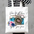 Floral camera printed white canvas tote bag with motivational quote - Vintage Camera and Floral Style (22)