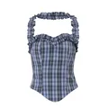 Blue and white plaid corset top with ruffled straps and pointed hem for summer. - S / Top And Bottom / Blue