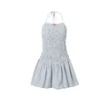 Abito a righe blu con corpino a punto smock, allacciatura al collo e grazioso fiocco rosa. - Taglia S / Vestiti / Blu