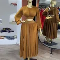 Elegante conjunto de dos piezas marrón con top de manga farol y falda en A - S / Top Y Pantalón / Amarillo