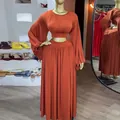 Elegante conjunto de dos piezas con top corto de manga farol y falda larga de talle alto - S / Top Y Pantalón / Naranja