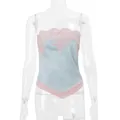 Top de palabra de honor de satén azul con encaje rosa y dobladillo en forma V - S / Tops / Azul