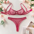 Sexy roze luipaardprint mesh lingerie set met beha en bijpassende string slip. - S / Boven- En Onderstuk / Rozerood