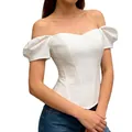 Elegante corsetto bianco stile francese con spalle scoperte e maniche a sbuffo bustier - XS / Top / Bianco