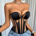 Sexy French vintage black mesh patchwork fishbone corset top styled with denim jeans - S / Tops / Black