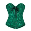 Vista dettagliata di un corsetto jacquard verde con volant neri e fiocco di nastro - Taglia S / Top / Verde