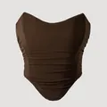 Sexy braunes Netz-Korsett-Top mit Raffungen und Fischgräten-Struktur für Damen - Kaffeebraun / L