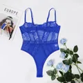 Body sexy en dentelle florale bleu cobalt et maille transparente pour les femmes - S / Ensemble / Bleu