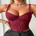 Elegante crop top a corsetto in pizzo rosso vino per donna dal design vintage francese - Taglia S / Top / Rosso scuro