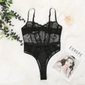 Sexy zwarte bodysuit van bloemenkant met verstelbare bandjes voor dames, transparant - S / Set / Zwart