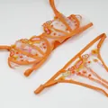 Ensemble de lingerie orange sexy avec broderie florale fluorescente sur résille fine. - S / Haut Et Bas / Rouge Orangé