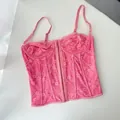 Elegant pink floral lace corset bustier top with adjustable straps and hook-eye front closure - Pink