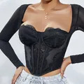 Sexy zwarte kanten mesh korset top met lange mouwen en een vierkante hals voor dames. - S / Tops / Zwart