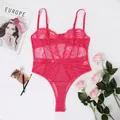 Elegante felroze kanten bodysuit met mesh-panelen en verstelbare schouderbandjes voor - S / Set / Rozerood