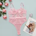 Body sexy chic en dentelle rose transparente avec bonnets à armatures pour femmes - L / Ensemble / Rose