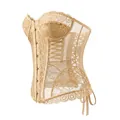 Close-up detail view of champagne lace corset with front busk closure and embroidery - Turmeric / S