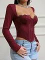 Sexy weinrotes Spitzen-Mesh-Korsett-Oberteil mit langen Ärmeln und quadratischem Ausschnitt - Burgunderrot