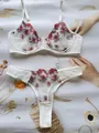 Elegant white lace lingerie set with red floral embroidery, sheer mesh bra and matching thong - XS / Top And Bottom / White Style 2