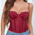 Sexiges weinrotes Spitzenkorsett-Camisole mit Patchwork-Besatz für trendige Damenpartys - Burgunderrot