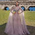 Elegant lavender sequin evening gown with mesh sleeves and cut-out neck detail. - S / Dresses / Pink