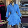 Blue and white striped A-line shirt dress displayed on a dress form in a boutique. - S / Dresses / Blue Stripe
