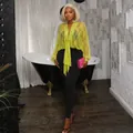 Chemisier transparent en dentelle vert lime à col en V et manches longues chic - S / Hauts / Jaune