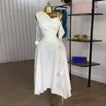 Elegant white one-shoulder midi dress featuring a high waist and decorative ribbons - S / Dresses / Ivory