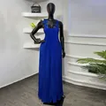Elegant blue pleated maxi dress with 3D floral straps and open back design for spring. - S / Dresses / Blue