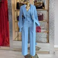 Elegant light blue 3-piece business suit set with blazer vest and pants - S / Set / Blue