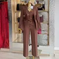 Elegant brown women's 3-piece suit set featuring a blazer, vest and tailored trousers. - S / Set / Brown