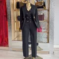 Elegant women's 3-piece business suit set including black blazer, vest and trousers - S / Set / Black