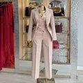 Elegant beige three-piece women's professional suit set including blazer, vest and trousers - Khaki