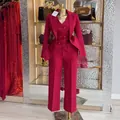 Three-piece solid magenta professional suit set including blazer vest and trousers for women - Red