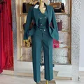 Professional dark teal 3-piece business suit for women including blazer vest and pants - Malachite green