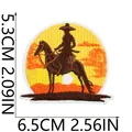Detailed size view of brown cowboy sunset silhouette embroidered patch, 6.5x5.3cm. - Cowboy Riding Style (X11BM-125-01)