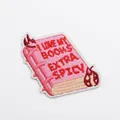 Detailed view of pink 'Extra Spicy' book embroidered patch with 6cm size markings. - Extra Spicy Books (C20GH-125-12)