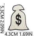 Detailed size measurements of white money bag embroidery patch with dollar sign - Money Bag Style (X11BM-088-24)