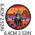 Detailed view of circular Western Cowboy embroidered patch with sunset theme, 6.4cm size - Round Cowboy Riding Style (X11BM-158-37)