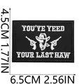 Detail of rectangular black and white cowboy theme embroidery patch with dimensions - B&W Cowboy Hat Revolver Style (X11BM-072-40)