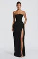 Elegant black strapless maxi dress featuring asymmetrical ruching and a high leg slit detail. - XS / Dresses / Black