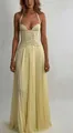 Elegant pale yellow halter maxi dress with lace corset bodice and pleated chiffon skirt - Yellow