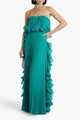 Vestido largo plisado verde esmeralda palabra de honor con volantes laterales para fiesta - S / Vestidos / Verde